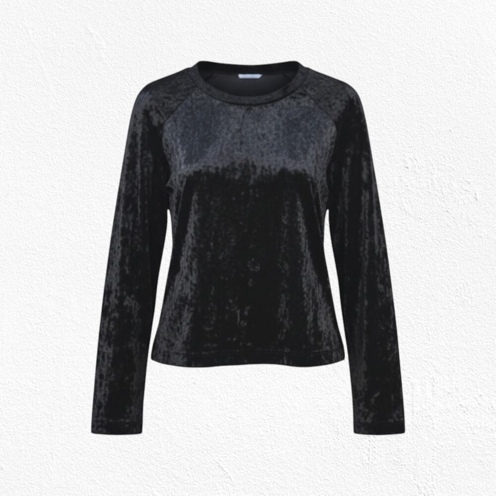 Black Velvet Long Sleeve Crewneck Velour Romantic Smooth Luxe Blouse Size Medium